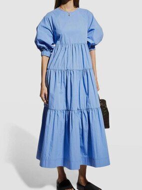 Co Essentials Women Blue Tiered Bubble Sleeve Midi Dress